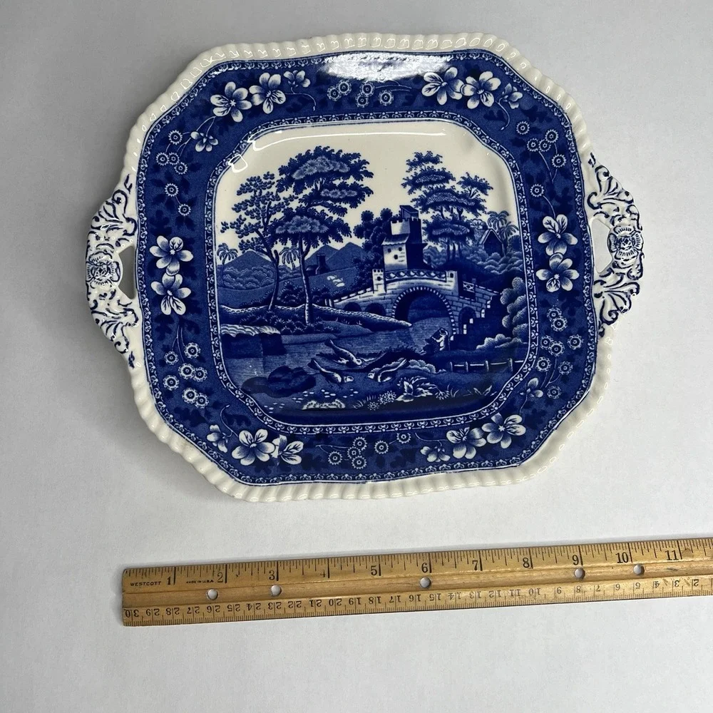 Spode Blue Tower Square Ceramic Platter with Handles England